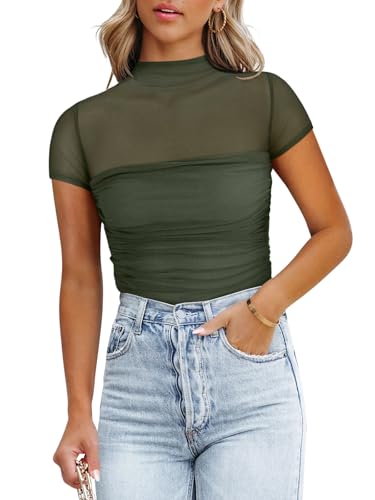 Image of REORIA Women's Sexy Mock Turtle Neck Short Sleeve Shirts Sheer Mesh Ruched Trendy Going Out Bodysuits Tops