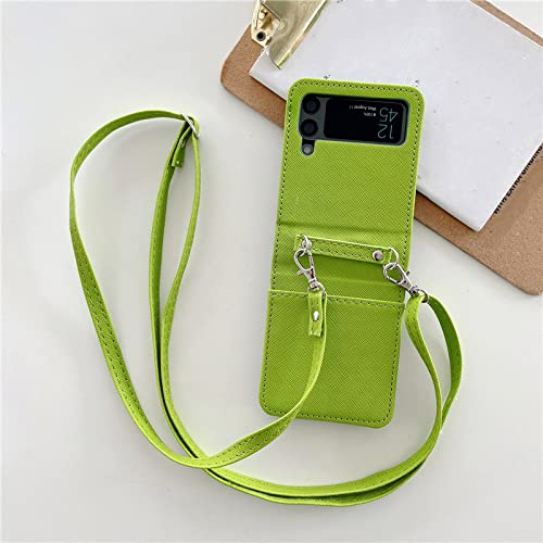 Coque en cuir Samsung Z Flip 3 anti-perte avec lanière de transport verte