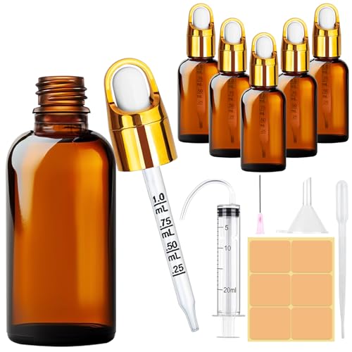 Amentalove 5PCS 50ml Boccette Vetro Contagocce, Flaconi Contagocce in Vetro, Ambra Bottiglie Contagocce Vetro con Pipetta Imbuti Siringa per Profumi Olio Essenziali Massaggio Aromaterapia Laboratorio
