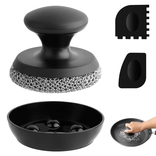 Cast Iron Scrubber Cleaner, Chainmail Scrubber for Cast Iron Pan Skillet, Dish Scouring Pad, 316 Stainless Steel Brush/Scraper for Metal Skillet Scrubbing, Wok, Dutch Oven Cleaning Kit - Thin Mesh