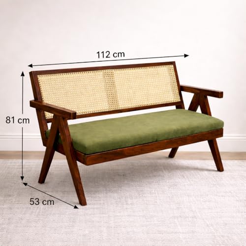 Image of Sainistree Furniture | Solid Sheesham Wood Rattan Armchair | Teak Brown Finish, Cane Back & Geen Upholstery | Mid-Century Modern Accent Chair for Living /Dining Room (2 Seater Bench)