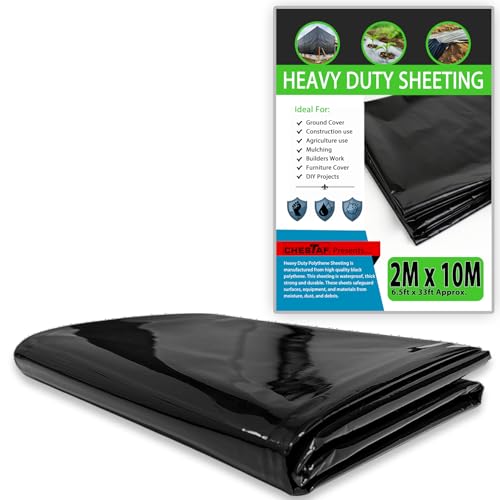 CHESTAF 2M X 10M Black Plastic Sheeting Heavy Duty 1850G Thick Polythene Sheeting Garden Grow Dust Sheet Waterproof Outdoor Cover Large Construction Gardening Insulation Building Rubble Protection