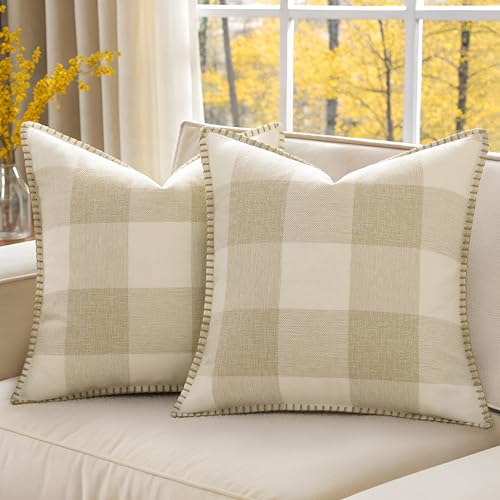 decorUhome Fall Plaid Linen Throw Pillow Covers 18x18 Set of 2 Cream White