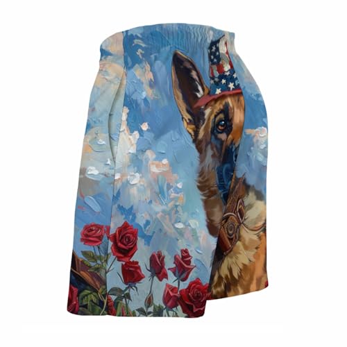 German Shepherd Roses Men's Swim Trunks Patriotic Dog American Flag Hat Summer Sport Shorts Bathing Suits with Pockets2