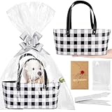 Wonderjune Leather Buffalo Check Basket With Gift Bags Ribbons Greeting Cards Empty Basket With Handle Plaid Gift Box Empty Decorative Chest Box For Mother's Day Easter Birthday(30.4 x 7.5 x 5.5 Inch)
