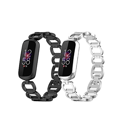 Chofit Metal Replacement Bands Compatible with Fitbit Luxe, Adjustable Links Stainless Steel Accessories Wristband Bracelet Strap for Fitbit Luxe Tracker Women Men (Black&Silver)