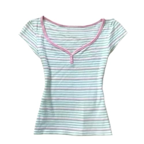 Womens Y2K Sweet Japanese Kawaii Pastel Stripe Print Henley T Shirt Cute V Neck Soft Aesthetic Casual Fitted Baby Tee (Pastel Striped Medium)