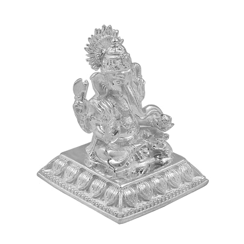 Image of MAA SILVER Pure Silver Ganesha Ganpati ji BIS Hallmarked Solid Idol /Murti with Designer Square Base Paat Perfect for Gifting & Pooja Use (925 Purity)(60 Grams Silver)
