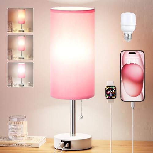 Dicoool Pink Bedside Table Lamp for Bedroom Small Nightstand Lamp for Girls Kids 3 Color Temperatures & USB Charging Port Cute Desk Lamp for Teens Room Decor Dorm Room Essentials
