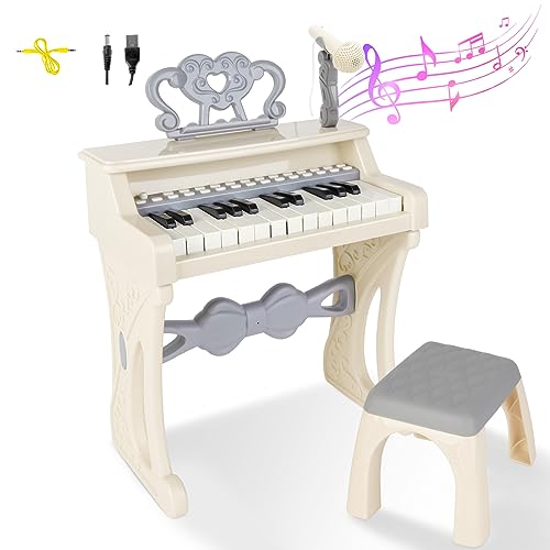 deAO Toddler Piano for Kids 3-6 Years - 25 Key Baby Piano Musical Toy with Stool & Microphone-Educational Toys Birthday Christmas Girls Gifts (White)