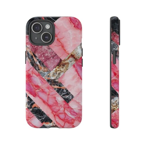 Coque iPhone 15 marbre rigide : protégez votre smartphone avec un motif rose et noir chic