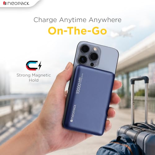 Image of Neopack Rapid Pro Magsafe Power Bank 10000 mAh with 25W Fast Wireless Charging | QI2 Technology | LED Indicator | Strong Magnetic Hold | USB-C in & Output Compatible with iPhone 12 & New Models, Blue