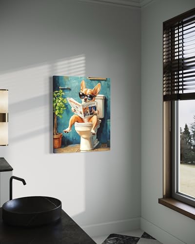 Image of Chihuahua on Toilet Wall Art Print Canvas Wrapped, Dog Bathroom Humor Decor Posters Prints for Restroom Home Picture Painting Artwork Gallery 7 (Chihuahua, 20 inchL x 16 inchW CANVAS, Wrapped Canvas)