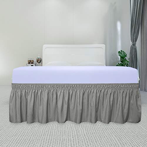 PureFit Wrap Around Ruffled Bed Skirt with Adjustable Elastic Belt - 22 Inch Drop Easy to Put On, Wrinkle Free Bedskirt Dust Ruffles, Bed Frame Cover for Twin,Twin XL and Full Size Beds, Gray