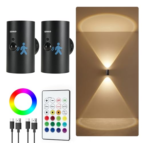EZVALO Motion Sensor Wall Lights 4000mAh Rechargeable Battery LED Wall Lights 3 CCT & 12 RGB with Remote Control Cordless Lamp for Hallway Stairway Bedroom(2 Black)