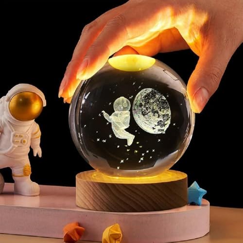 Image of Desidiya 3D Crystal Ball Night Light Space Astronaut Half Moon with LED Wooden Stand, Room Decor Glass Sphere Lamp Night Light Gifts for Women Men Dad Mom Kids