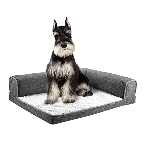 DEKOHM Orthopedic Dog Bed, L-Shaped Chaise Lounge, Fluffy Plush Mattress for Joint Relief, Pet Sofa Couch for Cats and Dogs with Removable & Washable Cover, Medium Size 26 x 20 x 7 , Grey