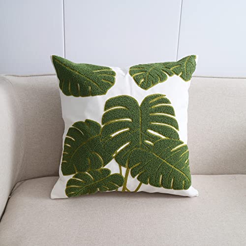 Hodeco Embroidery Throw Pillow Covers 18X18 Inch Green Tropical Monstera Leaves Loop Plant Floor Pillow Cover For Couch 100% Cotton Decorative Cushion Cover Pillow Case 45X45Cm, 1 Piece #TOP4