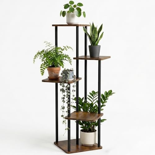 Image of Garden Genie Flora 5 Tier Metal Plant Stand for Indoor & Outdoor Plants | Multi-Level Wooden Shelf with Heavy Duty Metal Frame | Corner Plant Rack for Living Room, Balcony, Patio, Office & Home Decor