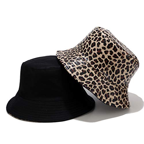 Leopard Print Bucket Hat Pu Leather Cheetah Animal Pattern Rain Hats Reversible Packable Fisherman Caps For Women Men (Khaki) #TOP1