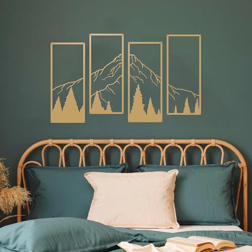 ruelen 4 Pcs Metal Mountain and Forest Wall Decor Line Drawing Wall Art Abstract Minimalist Wall Decor Rustic Nature Home Wall Art Sculpture for Home Office Bedroom Bathroom Living Room (Gold - Image 2