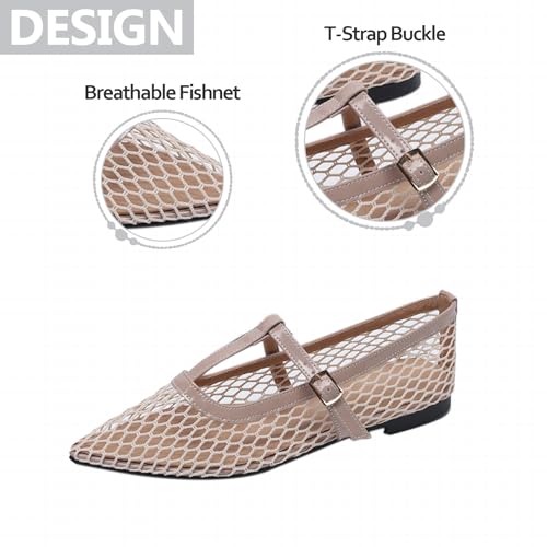Womens Fishnet Pointed Toe T-Strap Ballet Flats Comfortable Lightweight Mesh Adjustable Ankle Strap Buckle Mary Janes for Casual Daily Office4