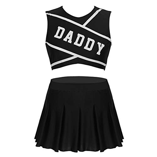 ranrann Costume Uniforme de Animadora para Mujer Adulto Disfraz Cosplay de Porrista Cheerleading Tenis Fútbol Crop Top + Falda Plisada para Fiesta Chica Negro Medium