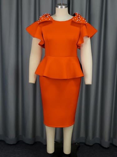 ONTINVA Women's Plus Size Pencil Dress Bowtie Beaded Ruffle Flared Sleeves Wedding Guest Dress Wear to Work Dresses3