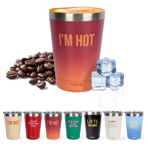 Fisura – Vaso termo original “I’m hot”. Vaso termo café para llevar granate degradado. Taza de café 310 ml. Taza térmica acero inoxidable. Libre de BPA. Taza coche.