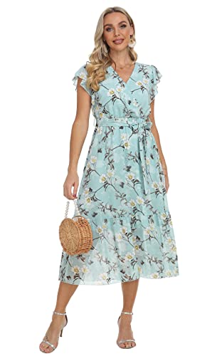 Image of VintageClothing Womens Sundress Casual Floral Summer Boho Dress | Flowy Wrap V Neck Ruffle A-Line Pleated Hem Midi Dresses