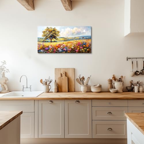 SERIMINO Spring Landscape Wall Art, Nature Tree Wildflower Large Artwork, Colorful Scenery Rustic Painting Canvas Prints, Modern Farmhouse Wall Decor Living Room Bathroom Kitchen Picture 20X40 Inch