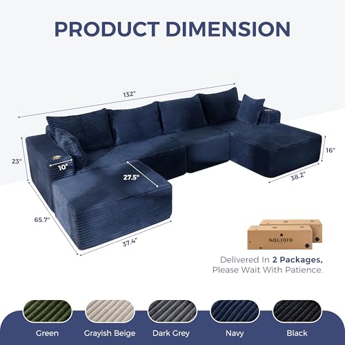 Image of MAXYOYO 132 inch Giant U-Shaped Modular Sectional Couch, Modern Boneless Couch for Living Room, Sofa in A Box, Oversized Sofa with Deep Seat, No Assembly Required, Navy