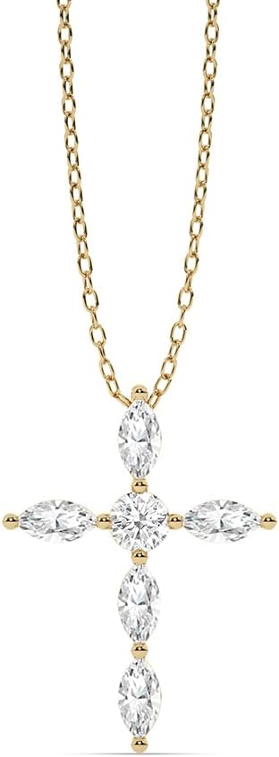 La Joya Diamond Cross Necklace for Women| 1 CT. TW Lab Created Marquise Diamond Pendant in Genuine 14K White & Yellow Gold| Accompanied by Adjustable Solid Gold Chain