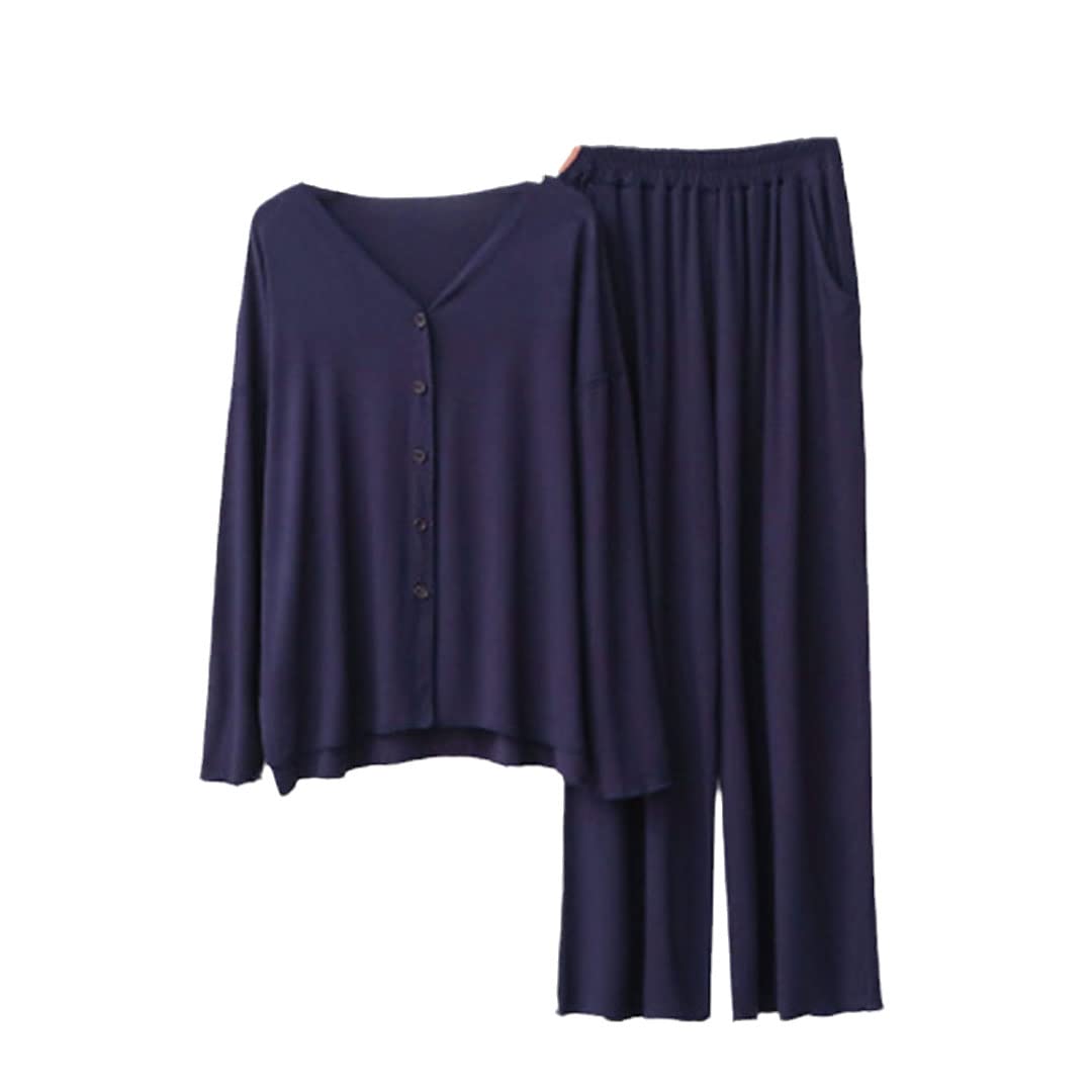 Conjunto de pijama de algodón suelto de manga larga para mujer, casual, otoño, invierno, cuello en V, azul marino, M