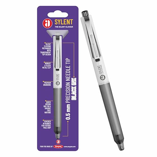 Image of Anupam Sylent Roller Gel Pen 0.5 mm, Waterproof Smooth Quick-Dry Dark Ink, Comfortable Grip Exam & Office Pen, Refillable (Black Body BlackInk, Pack of 12)