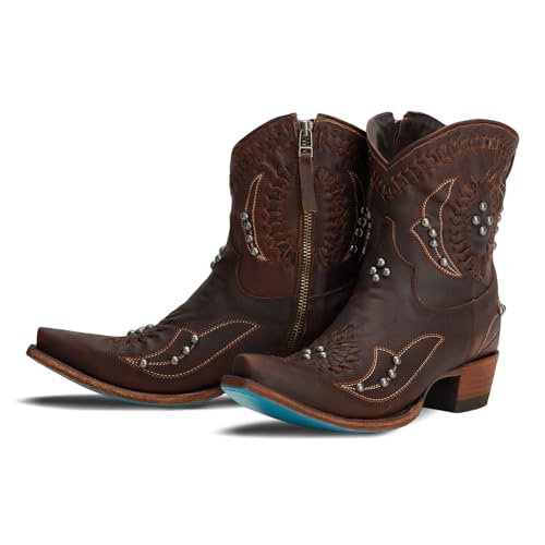 Women's Cowboy Cowgirl Western Boots Embroidered Stitched Rivet Ankle Boots Pointed Toe Chunky Heel Side Zipper Vintage Short Booties