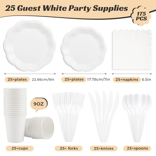 NatNarr 175 Pcs White Plates and Napkins Set, 25 Guest White Party Supplies Include Scalloped Plate Paper Napkin Cup Forks Knives Disposable Plastic Cutlery for Wedding Baby Shower Birthday Party by NatNarr - Image 2