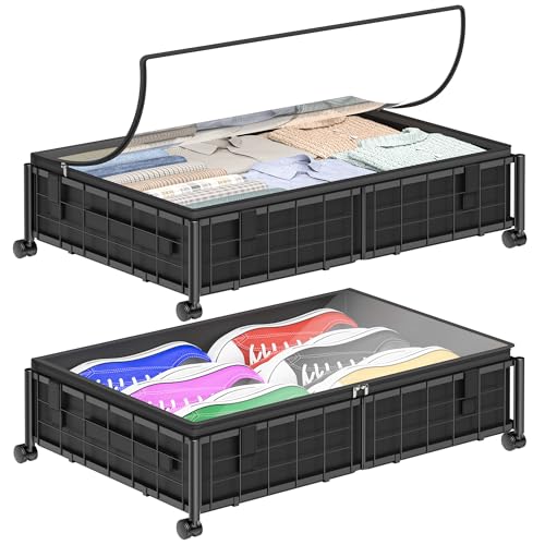Image of Hleelomi Under Bed Storage with Wheels and Storage Bag, 360 Rolling Under Bed Metal Drawers for Clothes, Blankets, Books and Shoes,Black, 2pack