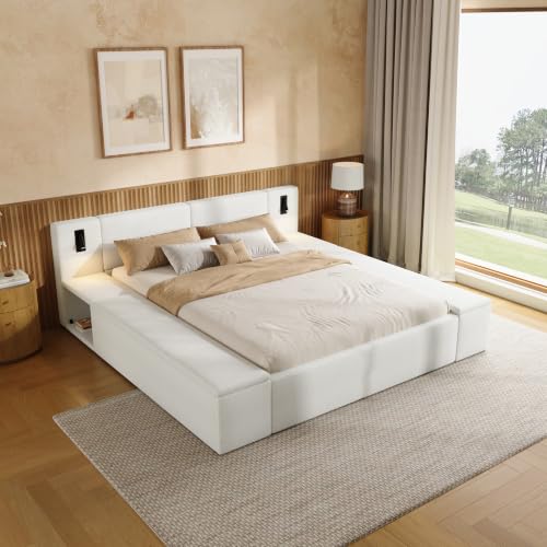 Queen Platform Bed with Led Lights, Nightstands and Lift-Up Cabinets, White