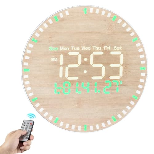 Calenxy Reloj de pared digital LED de 10 pulgadas, grande, reloj de pared de madera digital con mando a distancia y soporte de mesa, relojes de pared con hora, fecha, temperatura, humedad, brillo