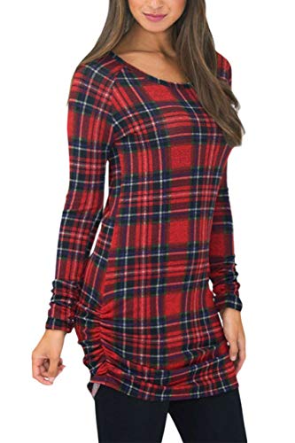 Women Flannel Plaid Shirt Dresses Long Sleeve Slim Fit Casual Ruched Christmas Plaid Tunic with Legging XL