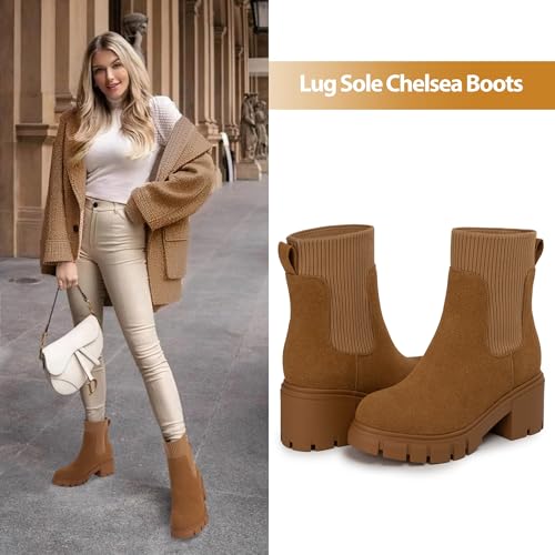 Athlefit Women's Brown Chelsea Boots Fall Platform Ankle Suede Boots Slip on Chunky Lug Sole Boots Size 7.5 — view 2