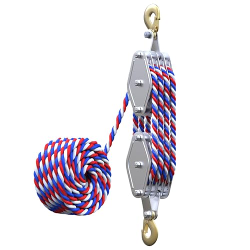 Block and Tackle Pulley System 4400 LBS Breaking Strength 1100 LBS Work Load Pulley System for Lifting 7:1 Lifting Power 65 Feet 3/8 Rope Hoist Heavy-Duty Pulley Hoist(Colorful)