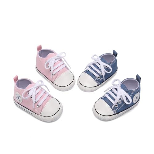 Image of Unisex Baby Boys Girls Shoes, Newborn Infant Non-Slip Canvas Denim High Top Sneakers, Toddler First Walkers Shoes