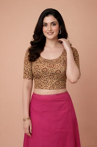 Image of Amazon Brand - Anarva Women's Kalamkari Print Cotton Stretchable Round Neck Readymade Saree Blouse