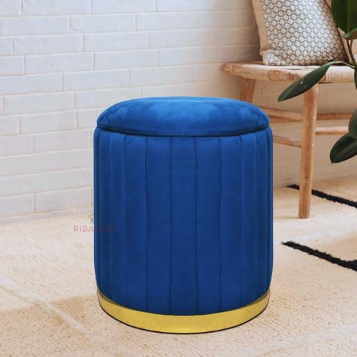 Image of Round Velvet Luxurious Storage Ottoman, Pouf with Storage Vanity Stool Chair,Upholstered Foot Rest Stool with Gold Strip Base for Living Room or Bedroom (Blue., Large-40Dx40Wx46H)