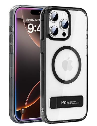 Image of BOUNCEBACK Polycarbonate Shockproof Transparent Hybrid Back Case /Cover with Kick Stand Support Magnetic Charging for iPhone 16 Pro Max - (Clear Black)
