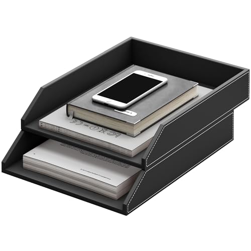 Hoopoton Leather Paper Organizer, 2-Tier Letter Size Tray, Office Desk Organizers and Accessories for Desktop, Office Supplies - Black, 2-Pack
