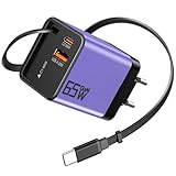 USB C Ladegerät 65W mit Einziehbarem Ladekabel Netzteil USB C GaN Schnellladegerät 3Port, Tragbar Power Adapter für MacBook Pro/Air, Galaxy S-A Serie, für iPhone 16-8 Serie, iPad, Handys, Laptop-Lila