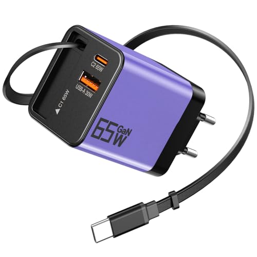 USB C Ladegerät 65W mit Einziehbarem Ladekabel Netzteil USB C GaN Schnellladegerät 3Port, Tragbar Power Adapter für MacBook Pro/Air, Galaxy S-A Serie, für iPhone 16-8 Serie, iPad, Handys, Laptop-Lila